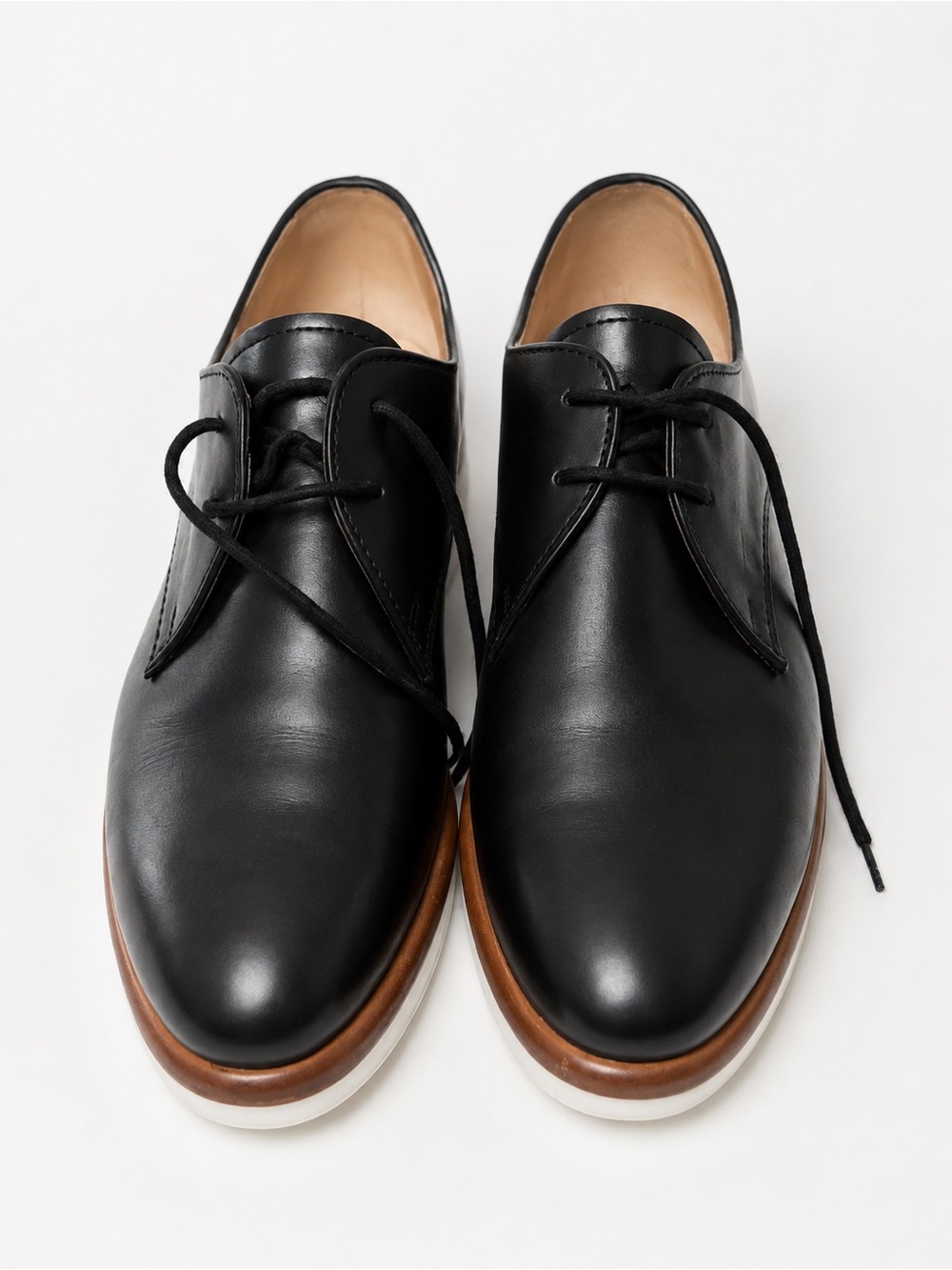 Tod's Black Leather Derby Flats with Brown Welt